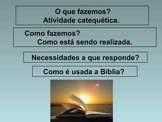 O que fazemos? 
Atividade catequética. 
Como fazemos? 
Como está sendo realizada. 
Necessidades a que responde? 
Como é usada a Bíblia? 
 