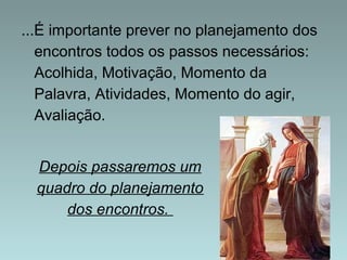 ...É importante prever no planejamento dos 
encontros todos os passos necessários: 
Acolhida, Motivação, Momento da 
Palavra, Atividades, Momento do agir, 
Avaliação. 
Depois passaremos um 
quadro do planejamento 
dos encontros. 
 