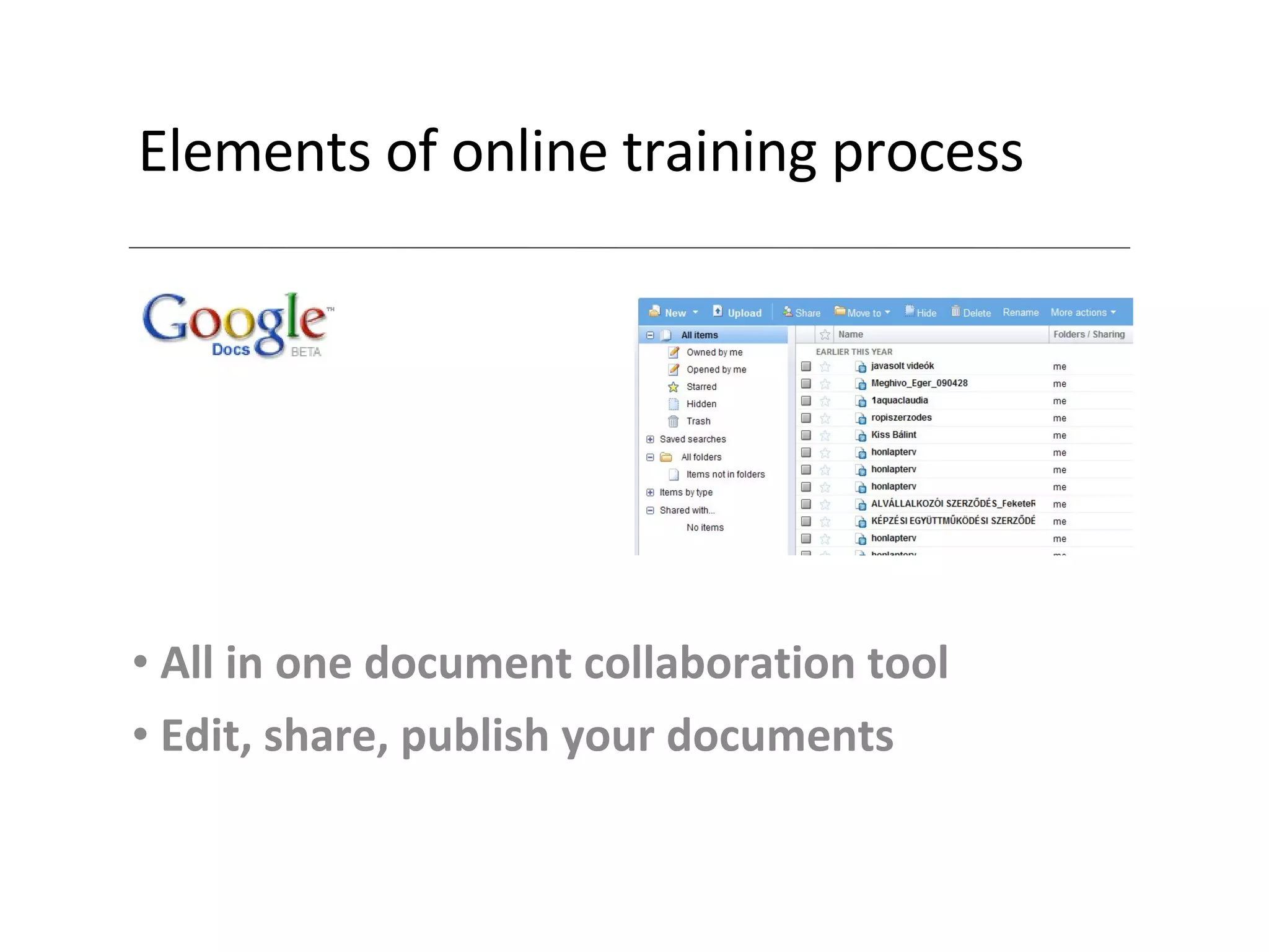 Elements of online training process All in one document collaboration tool Edit, share, publish your documents 