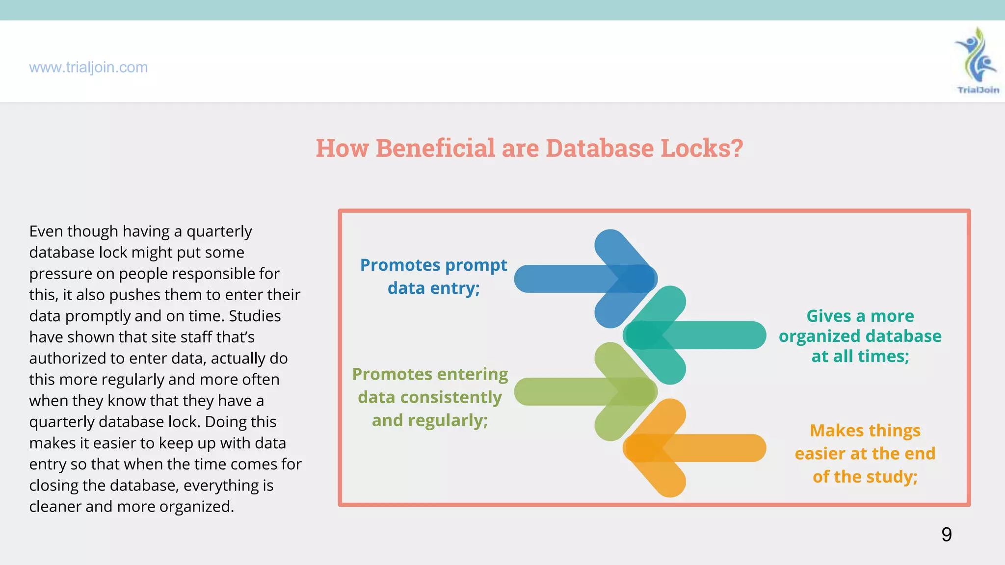 www.trialjoin.com
How Beneficial are Database Locks?
9
Gives a more
organized database
at all times;
Promotes prompt
data entry;
Makes things
easier at the end
of the study;
Promotes entering
data consistently
and regularly;
Even though having a quarterly
database lock might put some
pressure on people responsible for
this, it also pushes them to enter their
data promptly and on time. Studies
have shown that site staff that’s
authorized to enter data, actually do
this more regularly and more often
when they know that they have a
quarterly database lock. Doing this
makes it easier to keep up with data
entry so that when the time comes for
closing the database, everything is
cleaner and more organized.
 