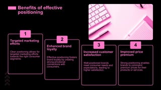 Benefits of effective
positioning
Targeted marketing
efforts
Clear positioning allows for
targeted marketing efforts
towards the right consumer
segments.
1
Enhanced brand
loyalty
Effective positioning fosters
brand loyalty by creating
strong emotional
connections with
consumers.
2
Increased customer
satisfaction
Well-positioned brands
meet consumer needs and
expectations, leading to
higher satisfaction.
3
Improved price
premium
Strong positioning enables
brands to command
premium prices for their
products or services.
4
 