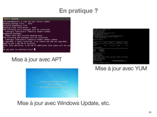 20
En pratique ?
Mise à jour avec APT
Mise à jour avec YUM
Mise à jour avec Windows Update, etc.
 