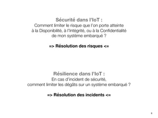 6
Sécurité dans l’IoT :
Comment limiter le risque que l’on porte atteinte
à la Disponibilité, à l’Intégrité, ou à la Confidentialité
de mon système embarqué ?
=> Résolution des risques <=
Résilience dans l’IoT :
En cas d’incident de sécurité,
comment limiter les dégâts sur un système embarqué ?
=> Résolution des incidents <=
 