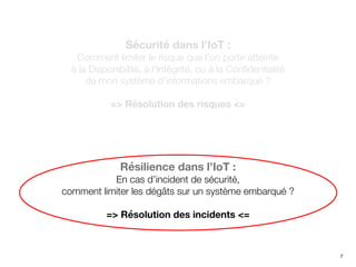 7
Sécurité dans l’IoT :
Comment limiter le risque que l’on porte atteinte
à la Disponibilité, à l’Intégrité, ou à la Confidentialité
de mon système d’informations embarqué ?
=> Résolution des risques <=
Résilience dans l’IoT :
En cas d’incident de sécurité,
comment limiter les dégâts sur un système embarqué ?
=> Résolution des incidents <=
 