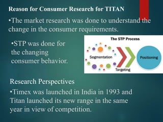 •The market research was done to understand the
change in the consumer requirements.
Reason for Consumer Research for TITAN
•STP was done for
the changing
consumer behavior.
Research Perspectives
•Timex was launched in India in 1993 and
Titan launched its new range in the same
year in view of competition.
 