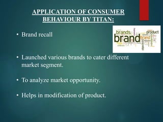 APPLICATION OF CONSUMER
BEHAVIOUR BY TITAN:
• Brand recall
• Launched various brands to cater different
market segment.
• To analyze market opportunity.
• Helps in modification of product.
 