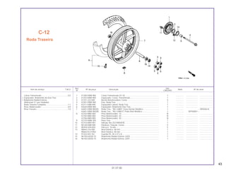 43
Ref. Qtd.
Item de serviço T.M.O. Nº da peça Descrição Nota Nº de série
Nº CBX200S
1 41200-KBW-900 Coroa Transmissão (41 D) ............................................................. 1 .............. ..................... ........................
2 41203-KBW-900 Espaçador, Coroa, Transmissão.................................................... 1 .............. ..................... ........................
3 41241-222-000 Bucha Amortecedora, Coroa ......................................................... 5 .............. ..................... ........................
4 42301-KBW-900 Eixo, Roda Tras. ............................................................................. 1 .............. ..................... ........................
5 42311-KBB-900 Espaçador Lateral, Roda Tras. ...................................................... 1 .............. ..................... ........................
6 42620-KBW-900 Espaçador, Rolamento Eixo Tras. .................................................. 1 .............. ..................... ........................
7 42601-KBW-900ZA Roda Tras., *NH-168M* Cinza Vernier Metálico............................. 1 .............. ~ SRS05616
42601-KBW-900ZB Roda Tras., *NH-109M-S* Prata Shot Metálico .............................. 1 .............. SRT00001 ~
8 42704-MB0-000 Peso Balanceador, 10.................................................................... N .............. ..................... ........................
42705-MB0-000 Peso Balanceador, 20.................................................................... N .............. ..................... ........................
42706-MB0-000 Peso Balanceador, 30.................................................................... N .............. ..................... ........................
9 42710-KBW-305 Pneu Tras. ...................................................................................... 1 .............. ..................... ........................
10 42753-MR4-901 Válvula, Aro (SCHRADER).............................................................. 1 .............. ..................... ........................
11 90128-KBB-900 Parafuso, Fixação, Coroa............................................................... 5 .............. ..................... ........................
12 90304-GE8-003 Porca U, 10 mm.............................................................................. 5 .............. ..................... ........................
13 90664-216-000 Anel Elástico, 58 mm...................................................................... 1 .............. ..................... ........................
90664-KCH-850 Anel Elástico, 58 mm...................................................................... 1 .............. ..................... ........................
14 91253-443-761 Guarda Pó, 30 x 47 x 8................................................................... 1 .............. ..................... ........................
15 96150-62030-10 Rolamento Radial Esferas, 6203 .................................................... 1 .............. ..................... ........................
16 96150-63030-10 Rolamento Radial Esferas, 6301 .................................................... 1 .............. ..................... ........................
C-12
Roda Traseira
01.07.00
Coroa Transmissão................................................0,5
• Espaçador, Rolamento do Eixo Tras.
• Rolamento Radial Esferas
(Adicionar 0,1 por Unidade)
Roda Traseira Completa........................................1,1
Peso, Balanceador ................................................0,9
Pneu Traseiro.........................................................1,0
 