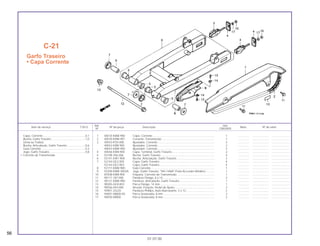 Ref. Qtd.
Item de serviço T.M.O. Nº da peça Descrição Nota Nº de série
Nº CBX200S
1 40510-KBW-900 Capa, Corrente............................................................................... 1 .............. ..................... ........................
2 40530-KBW-901 Corrente, Transmissão ................................................................... 1 .............. ..................... ........................
3 40543-KS5-000 Ajustador, Corrente ........................................................................ 2 .............. ..................... ........................
40543-KBB-950 Ajustador, Corrente ........................................................................ 2 .............. ..................... ........................
40543-KBW-950 Ajustador, Corrente ........................................................................ 2 .............. ..................... ........................
4 40546-KW8-900 Capa, Terminal, Garfo Traseiro ...................................................... 2 .............. ..................... ........................
5 52108-356-006 Bucha, Garfo Traseiro .................................................................... 4 .............. ..................... ........................
6 52141-KW1-900 Bucha, Articulação, Garfo Traseiro................................................ 2 .............. ..................... ........................
7 52144-GE2-005 Capa, Garfo Traseiro...................................................................... 4 .............. ..................... ........................
52144-GE2-003 Capa, Garfo Traseiro...................................................................... 4 .............. ..................... ........................
8 52171-KBW-900 Guia Corrente................................................................................. 1 .............. ..................... ........................
9 52200-KBW-305ZA Jogo, Garfo Traseiro, *NH-146M* Prata Accurate Metálico........... 1 .............. ..................... ........................
10 87508-KW8-900 Etiqueta, Corrente de Transmissão................................................ 1 .............. ..................... ........................
11 90111-187-000 Parafuso Flange, 6 x 14.................................................................. 2 .............. ..................... ........................
12 90121-KBW-900 Parafuso, Articulação, Garfo Traseiro ............................................ 1 .............. ..................... ........................
13 90305-GE8-003 Porca Flange, 14 mm ..................................................................... 1 .............. ..................... ........................
14 90556-044-000 Arruela, Fixação, Pedal de Apoio................................................... 2 .............. ..................... ........................
15 93901-25220 Parafuso Phillips, Auto-Atarraxante, 5 x 12 .................................... 2 .............. ..................... ........................
16 94001-08000-0S Porca Sextavada, 8 mm ................................................................. 2 .............. ..................... ........................
17 94030-08000 Porca Sextavada, 8 mm ................................................................. 2 .............. ..................... ........................
C-21
Garfo Traseiro
• Capa Corrente
56
01.07.00
Capa, Corrente......................................................0,1
Bucha, Garfo Traseiro ...........................................1,0
(Uma ou Todas)
Bucha, Articulação, Garfo Traseiro .......................0,6
Guia Corrente ........................................................0,3
Jogo, Garfo Traseiro..............................................0,8
• Corrente de Transmissão
 