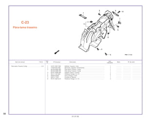 Ref. Qtd.
Item de serviço T.M.O. Nº da peça Descrição Nota Nº de série
Nº CBX200S
1 33741-KW1-900 Refletor Traseiro, Conj.................................................................... 1 .............. ..................... ........................
2 77309-KK6-000 Borracha, Suporte, Ferramentas .................................................... 1 .............. ..................... ........................
3 80100-KBW-900 Pára-lama Traseiro, Comp. ............................................................ 1 .............. ..................... ........................
80100-KBW-940 Pára-lama Traseiro, Comp. ............................................................ 1 .............. ..................... ........................
4 84701-KBW-900 Suporte, Placa, Licença ................................................................. 1 .............. ..................... ........................
5 90111-187-000 Parafuso Flange, 6 x 14.................................................................. 4 .............. ..................... ........................
6 94050-05000 Porca Flange, 5 mm ....................................................................... 1 .............. ..................... ........................
7 95012-11001 Presilha A, Bateria .......................................................................... 1 .............. ..................... ........................
8 95701-06016-07 Parafuso Flange, 6 x 16.................................................................. 2 .............. ..................... ........................
C-23
Pára-lama traseiro
58
01.07.00
Pára-lama Traseiro Comp......................................0,4
 