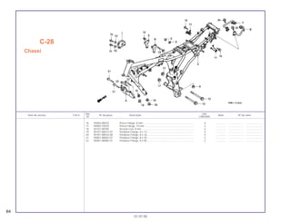 Ref. Qtd.
Item de serviço T.M.O. Nº da peça Descrição Nota Nº de série
Nº CBX200S
16 94050-08070 Porca Flange, 8 mm ....................................................................... 4 .............. ..................... ........................
17 94050-10070 Porca Flange, 10 mm ..................................................................... 2 .............. ..................... ........................
18 94101-08700 Arruela Lisa, 8 mm ......................................................................... 4 .............. ..................... ........................
19 95701-06012-07 Parafuso Flange, 6 x 12.................................................................. 4 .............. ..................... ........................
20 95701-08016-08 Parafuso Flange, 8 x 16.................................................................. 4 .............. ..................... ........................
21 95801-08055-07 Parafuso Flange, 8 x 55.................................................................. 2 .............. ..................... ........................
22 95801-08085-07 Parafuso Flange, 8 x 85.................................................................. 2 .............. ..................... ........................
C-28
Chassi
64
01.07.00
 