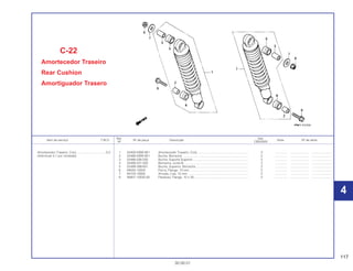 117
30.09.01
Ref. Qtd.
Item de serviço T.M.O. Nº da peça Descrição Nota Nº de série
Nº CBX200S
1 52400-KBW-901 Amortecedor Traseiro, Conj. .......................................................... 2 .............. ..................... ........................
2 52486-KBW-901 Bucha, Borracha ............................................................................ 2 .............. ..................... ........................
3 52486-056-000 Bucha, Suporte Superior ................................................................ 2 .............. ..................... ........................
4 52488-331-003 Borracha, Junta B........................................................................... 2 .............. ..................... ........................
5 52489-399-601 Bucha, Superior, Borracha............................................................. 2 .............. ..................... ........................
6 94050-10000 Porca, Flange, 10 mm .................................................................... 2 .............. ..................... ........................
7 94103-10000 Arruela, Lisa, 10 mm ...................................................................... 2 .............. ..................... ........................
8 95801-10035-00 Parafuso, Flange, 10 x 35............................................................... 2 .............. ..................... ........................
C-22
Amortecedor Traseiro
Rear Cushion
Amortiguador Trasero
Amortecedor Traseiro, Conj. .................................0,2
(Adicionar 0,1 por Unidade)
4
4
 