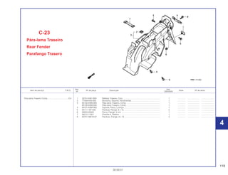 119
30.09.01
Ref. Qtd.
Item de serviço T.M.O. Nº da peça Descrição Nota Nº de série
Nº CBX200S
1 33741-KW1-900 Refletor Traseiro, Conj.................................................................... 1 .............. ..................... ........................
2 77309-KK6-000 Borracha, Suporte, Ferramentas .................................................... 1 .............. ..................... ........................
3 80100-KBW-900 Pára-lama Traseiro, Comp. ............................................................ 1 .............. ..................... ........................
80100-KBW-940 Pára-lama Traseiro, Comp. ............................................................ 1 .............. ..................... ........................
4 84701-KBW-900 Suporte, Placa, Licença ................................................................. 1 .............. ..................... ........................
5 90111-187-000 Parafuso Flange, 6 x 14.................................................................. 4 .............. ..................... ........................
6 94050-05000 Porca, Flange, 5 mm ...................................................................... 1 .............. ..................... ........................
7 95012-11001 Presilha A, Bateria .......................................................................... 1 .............. ..................... ........................
8 95701-06016-07 Parafuso, Flange, 6 x 16................................................................. 2 .............. ..................... ........................
C-23
Pára-lama Traseiro
Rear Fender
Parafango Trasero
Pára-lama Traseiro Comp......................................0,4
4
4
 