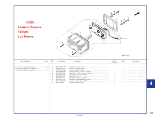 123
30.09.01
Ref. Qtd.
Item de serviço T.M.O. Nº da peça Descrição Nota Nº de série
Nº CBX200S
1 33701-KBW-900 Lanterna, Traseira Comp................................................................ 1 .............. ..................... ........................
2 33702-KB7-003 Lente, Lanterna Traseira ................................................................ 1 .............. ..................... ........................
33702-KCH-900 Lente, Lanterna Traseira ................................................................ 1 .............. ..................... ........................
3 33703-KBW-900 Soquete Comp., Lanterna Traseira ................................................ 1 .............. ..................... ........................
4 33709-KB7-003 Guarnição, Lente, Lanterna Traseira.............................................. 1 .............. ..................... ........................
5 33718-KB7-940 Guarnição, Lanterna Traseira......................................................... 1 .............. ..................... ........................
6 33719-437-970 Bucha, 5 x 14 ................................................................................. 2 .............. ..................... ........................
7 34906-447-711 Lâmpada, Lanterna Traseira .......................................................... 1 .............. ..................... ........................
8 90105-GA7-003 Parafuso, Auto-Atarraxante, 4 x 40 ................................................ 2 .............. ..................... ........................
9 92101-05025-0A Parafuso, Sextavado, 5 x 25........................................................... 2 .............. ..................... ........................
10 94111-05000 Arruela, Pressão, 5 mm .................................................................. 2 .............. ..................... ........................
C-25
Lanterna Traseira
Taillight
Luz Trasera
Lanterna, Traseira Completa.................................0,2
• Soquete Completo Lant. Traseira
Lâmpada, Lanterna Traseira .................................0,1
4
4
 