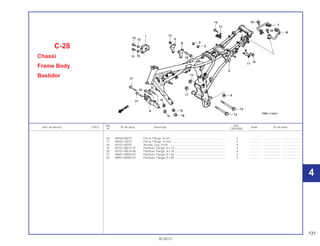 131
30.09.01
Ref. Qtd.
Item de serviço T.M.O. Nº da peça Descrição Nota Nº de série
Nº CBX200S
16 94050-08070 Porca, Flange, 8 mm ...................................................................... 4 .............. ..................... ........................
17 94050-10070 Porca, Flange, 10 mm .................................................................... 2 .............. ..................... ........................
18 94101-08700 Arruela, Lisa, 8 mm ........................................................................ 4 .............. ..................... ........................
19 95701-06012-07 Parafuso, Flange, 6 x 12................................................................. 4 .............. ..................... ........................
20 95701-08016-08 Parafuso, Flange, 8 x 16................................................................. 4 .............. ..................... ........................
21 95801-08055-07 Parafuso, Flange, 8 x 55................................................................. 2 .............. ..................... ........................
22 95801-08085-07 Parafuso, Flange, 8 x 85................................................................. 2 .............. ..................... ........................
C-28
Chassi
Frame Body
Bastidor
4
4
 