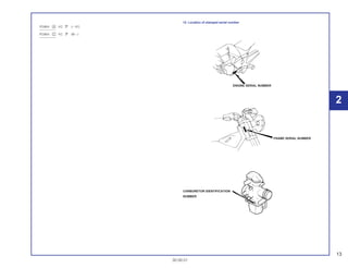 2
13
30.09.01
PD9BA A KC (~ 97)
PD9BA C KC 98 ~)
12. Location of stamped serial number
ENGINE SERIAL NUMBER
FRAME SERIAL NUMBER
CARBURETOR IDENTIFICATION
NUMBER
 