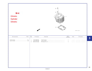29
30.09.01
Ref. Qtd.
Item de serviço T.M.O. Nº da peça Descrição Nota Nº de série
Nº CBX200S
1 12100-KBB-900 Cilindro Comp. ............................................................................... 1 .............. ..................... ........................
2 12191-KW1-900 Junta, Cilindro ................................................................................ 1 .............. ..................... ........................
3 90703-HC4-000 Pino Guia, 10 x 14 .......................................................................... 2 .............. ..................... ........................
M-4
Cilindro
Cylinder
Cilindro
Cilindro Comp. .....................................................*3,1
Junta, Cilindro ......................................................*2,9
3
 
