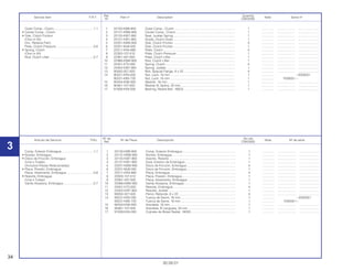 34
30.09.01
Nº de No.rdo
Artículo de Servicio THLL Nº de Pieza Descripción Nota Nº de série
Ref. CBX200S
1 22100-KBB-900 Comp. Exterior Embrague.............................................................. 1 .............. ..................... ........................
2 22121-KBW-900 Núcleo, Embrague ......................................................................... 1 .............. ..................... ........................
3 22125-KW7-900 Asiento, Resorte ............................................................................. 1 .............. ..................... ........................
4 22131-KW1-900 Guia, Exterior de Embrague........................................................... 1 .............. ..................... ........................
5 22201-KBW-900 Disco de Fricción, Embrague......................................................... 4 .............. ..................... ........................
6 22201-MJ8-000 Disco de Fricción, Embrague......................................................... 1 .............. ..................... ........................
7 22311-KN4-680 Placa, Embrague............................................................................ 4 .............. ..................... ........................
8 22350-107-010 Placa, Presión, Embrague.............................................................. 1 .............. ..................... ........................
9 22361-437-000 Placa, Alzamiento, Embrague ........................................................ 1 .............. ..................... ........................
10 22366-KBW-900 Varilla Alzadora, Embrague............................................................ 1 .............. ..................... ........................
11 22401-KT0-000 Resorte, Embrague ........................................................................ 4 .............. ..................... ........................
12 22402-KW7-900 Resorte, Judder.............................................................................. 1 .............. ..................... ........................
13 90050-357-000 Perno, Reborde, 6 x 22 .................................................................. 4 .............. ..................... ........................
14 90231-KR3-000 Tuerca de Sierre, 16 mm................................................................ 1 .............. ~X000001
90231-KB5-720 Tuerca de Sierre, 16 mm................................................................ 1 .............. Y000001~
15 90434-KN6-930 Arandela, 16 mm ............................................................................ 1 .............. ..................... ........................
16 90461-107-000 Arandela, B Langueta, 20 mm ....................................................... 1 .............. ..................... ........................
17 91008-KK6-000 Cojinete de Bolas Radial, 16003.................................................... 1 .............. ..................... ........................
Comp. Exterior Embrague.....................................1,1
• Núcleo, Embrague
• Disco de Fricción, Embrague
(Una o Todas)
(Inclusive Piezas Relacionadas)
• Placa, Presión, Embrague
Placa, Alzamiento, Embrague ...............................0,8
• Resorte, Embrague
(Una o Todas)
Varilla Alzadora, Embrague...................................0,7
Ref. Quantity
Service item F.R.T. Part nº Description Note Serial nº
Nº CBX200S
1 22100-KBB-900 Outer Comp., Clutch ...................................................................... 1 .............. ..................... ........................
2 22121-KBW-900 Center Comp., Clutch..................................................................... 1 .............. ..................... ........................
3 22125-KW7-900 Seat, Judder Spring ....................................................................... 1 .............. ..................... ........................
4 22131-KW1-900 Guide, Clutch Outer ....................................................................... 1 .............. ..................... ........................
5 22201-KBW-900 Disk, Clutch Friction ....................................................................... 4 .............. ..................... ........................
6 22201-MJ8-000 Disk, Clutch Friction ....................................................................... 1 .............. ..................... ........................
7 22311-KN4-680 Plate, Clutch ................................................................................... 4 .............. ..................... ........................
8 22350-107-010 Plate, Clutch Pressure .................................................................... 1 .............. ..................... ........................
9 22361-437-000 Plate, Clutch Lifter .......................................................................... 1 .............. ..................... ........................
10 22366-KBW-900 Rod, Clutch Lifter............................................................................ 1 .............. ..................... ........................
11 22401-KT0-000 Spring, Clutch................................................................................. 4 .............. ..................... ........................
12 22402-KW7-900 Spring, Judder................................................................................ 1 .............. ..................... ........................
13 90050-357-000 Bolt, Special Flange, 6 x 22............................................................ 4 .............. ..................... ........................
14 90231-KR3-000 Nut, Lock, 16 mm ........................................................................... 1 .............. ~X000001
90231-KB5-720 Nut, Lock, 16 mm ........................................................................... 1 .............. Y000001~
15 90434-KN6-930 Washer, 16 mm .............................................................................. 1 .............. ..................... ........................
16 90461-107-000 Washer B, Spline, 20 mm ............................................................... 1 .............. ..................... ........................
17 91008-KK6-000 Bearing, Radial Ball, 16003............................................................ 1 .............. ..................... ........................
Outer Comp., Clutch..............................................1.1
• Center Comp., Clutch
• Disk, Clutch Friction
(One or All)
(Inc. Relative Part)
Plate, Clutch Pressure ...........................................0.8
• Spring, Clutch
(One or All)
Rod, Clutch Lifter...................................................0.7
3
 