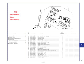 65
30.09.01
Ref. Qtd.
Item de serviço T.M.O. Nº da peça Descrição Nota Nº de série
Nº CBX200S
1 34907-KBB-305 Lâmpada (12 V/2 W) ...................................................................... 6 .............. ..................... ........................
2 34908-KBB-305 Lâmpada, Instrumentos (12 V/3 W)................................................ 1 .............. ..................... ........................
3 37100-KBW-901 Instrumentos, Conj. ........................................................................ 1 .............. ..................... ........................
4 37200-KBW-901 Velocímetro Comp.......................................................................... 1 .............. ..................... ........................
5 37220-KW1-901 Botão Odômetro ............................................................................. 1 .............. ..................... ........................
6 37250-KBW-901 Tacômetro, Conj............................................................................. 1 .............. ..................... ........................
7 37300-KBW-901 Medidor Combustível Comp. ......................................................... 1 .............. ..................... ........................
8 37304-198-901 Guarnição, Carcaça, Instrumentos ................................................ 4 .............. ..................... ........................
9 37305-KE5-008 Parafuso Auto-Atarraxante, 3 x 22 ................................................. 3 .............. ..................... ........................
10 37610-KW1-902 Carcaça Superior Comp. ............................................................... 1 .............. ..................... ........................
11 37617-KBW-900 Carcaça Inferior, Instrumentos Conj. ............................................. 1 .............. ..................... ........................
12 37618-KBW-900 Tampa ............................................................................................ 1 .............. ..................... ........................
13 37619-KBW-900 Soquete, Comp. ............................................................................. 1 .............. ..................... ........................
14 44830-KW1-900 Cabo, Velocímetro, Conj. ............................................................... 1 .............. ..................... ........................
15 44831-KW1-900 Cabo Interno, Velocímetro.............................................................. 1 .............. ..................... ........................
16 61103-357-000 Bucha, Borracha ............................................................................ 3 .............. ..................... ........................
17 90032-ML7-671 Parafuso, Auto-Atarraxante, 4 x 36 ................................................ 2 .............. ..................... ........................
90032-ML7-670 Parafuso, Auto-Atarraxante, 4 x 36 (Vendas Suspensas) .............. 2 .............. ..................... ........................
18 90035-166-008 Parafuso, Arruela, Pressão, 4 x 10 ................................................. 2 .............. ..................... ........................
19 90101-KW1-901 Parafuso, Phillips, Auto-Atarraxante, 4 x 14 ................................... 5 .............. ..................... ........................
20 90108-GN2-008 Parafuso, Arruela, 3 x 10 ................................................................ 3 .............. ..................... ........................
21 90158-KM7-911 Parafuso, Phillips, 2 x 6 .................................................................. 1 .............. ..................... ........................
22 91256-KK3-840 Anel, Vedação, 10 x 1,5 ................................................................. 1 .............. ..................... ........................
23 93700-05016-0A Parafuso Phillips, 5 x 16 ................................................................. 1 .............. ..................... ........................
24 93903-24310 Parafuso, Auto-Atarraxante, 4 x 12 ................................................ 2 .............. ..................... ........................
25 94021-06070-0S Porca, Cega, 6 mm ........................................................................ 3 .............. ..................... ........................
26 94103-06700 Arruela, Lisa, 6 mm ........................................................................ 3 .............. ..................... ........................
C-2
Instrumentos
Meter
Instrumentos
Instrumentos Conj..................................................0,4
Velocímetro Comp.................................................0,6
• Tacômetro Comp.
• Carcaça Inferior Instrumentos Conj.
• Soquete Comp.
Medidor Combustível Comp..................................0,7
Carcaça Superior Comp........................................0,3
• Tampa
Cabo, Velocímetro Conj.........................................0,1
• Cabo Interno, Velocímetro
4
4
 