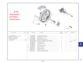 89
30.09.01
Ref. Qtd.
Item de serviço T.M.O. Nº da peça Descrição Nota Nº de série
Nº CBX200S
1 41200-KBW-900 Coroa, Transmissão (41 D) ............................................................ 1 .............. ..................... ........................
2 41203-KBW-900 Espaçador, Coroa, Transmissão.................................................... 1 .............. ..................... ........................
3 41241-222-000 Bucha Amortecedora, Coroa ......................................................... 5 .............. ..................... ........................
4 42301-KBW-900 Eixo, Roda Tras. ............................................................................. 1 .............. ..................... ........................
5 42311-KBB-900 Espaçador Lateral, Roda Tras. ...................................................... 1 .............. ..................... ........................
6 42620-KBW-900 Espaçador, Rolamento Eixo Tras. .................................................. 1 .............. ..................... ........................
7 42601-KBW-900ZA Roda Tras., *NH-168M* Cinza Vernier Metálico............................. 1 .............. ~SRS05616
42601-KBW-900ZB Roda Tras., *NH-109M-S* Prata Shot Metálico .............................. 1 .............. SRT00001~
8 42704-MB0-000 Peso, Balanceador, 10................................................................... N .............. ..................... ........................
42705-MB0-000 Peso, Balanceador, 20................................................................... N .............. ..................... ........................
42706-MB0-000 Peso, Balanceador, 30................................................................... N .............. ..................... ........................
9 42710-KBW-305 Pneu Tras. ...................................................................................... 1 .............. ..................... ........................
10 42753-MR4-901 Válvula, Aro (SCHRADER).............................................................. 1 .............. ..................... ........................
11 90128-KBB-900 Parafuso, Fixação, Coroa............................................................... 5 .............. ..................... ........................
12 90304-GE8-003 Porca U, 10 mm.............................................................................. 5 .............. ..................... ........................
13 90664-216-000 Anel, Elástico, 58 mm..................................................................... 1 .............. ..................... ........................
90664-KCH-850 Anel, Elástico, 58 mm..................................................................... 1 .............. ..................... ........................
14 91253-443-761 Guarda Pó, 30 x 47 x 8................................................................... 1 .............. ..................... ........................
15 96150-62030-10 Rolamento, Radial Esferas, 6203 ................................................... 1 .............. ..................... ........................
16 96150-63030-10 Rolamento, Radial Esferas, 6301 ................................................... 1 .............. ..................... ........................
C-12
Roda Traseira
Rear Wheel
Rueda Trasera
Coroa Transmissão................................................0,5
• Espaçador, Rolamento do Eixo Tras.
• Rolamento Radial Esferas
(Adicionar 0,1 por Unidade)
Roda Traseira Completa........................................1,1
Peso, Balanceador ................................................0,9
Pneu Traseiro.........................................................1,0
4
4
 