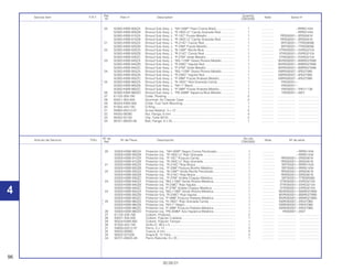 96
30.09.01
Nº de No.rdo
Artículo de Servicio THLL Nº de Pieza Descripción Nota Nº de série
Ref. CBX200S
20 50300-KBW-900ZA Protector Izq., *NH-328P* Negro Croma Perolizado...................... 1 .............. ~RRR01434
50300-KBW-900ZB Protector Izq., *R-180C-U* Rojo Granada...................................... 1 .............. ~RRR01434
50300-KBW-910ZA Protector Izq., *P-10C* Púrpura Candy.......................................... 1 .............. RRS00001~SRS05616
50300-KBW-910ZB Protector Izq., *R-180C-U* Rojo Granada...................................... 1 .............. RRS00001~SRS05616
21 50300-KBW-920ZA Protector Izq., *R-214C* Rojo Brava .............................................. 1 .............. SRT00001~RRR01434
50300-KBW-920ZB Protector Izq., *P-23M* Púrpura Bonfim Metálico .......................... 1 .............. SRT00001~RRR01434
22 50300-KBW-930ZA Protector Izq., *B-146P* Verde Recife Perolizado.......................... 1 .............. RRS00001~SRS05616
50300-KBW-930ZB Protector Izq., *R-214C* Rojo Brava .............................................. 1 .............. RRS00001~SRS05616
50300-KBW-930ZC Protector Izq., *P-27M* Violeta Chappy Metalica........................... 1 .............. SRT00001~TTR009266
23 50300-KBW-940ZA Protector Izq, *BG-115M* Verde Riviera Metalica.......................... 1 .............. VTR000001~VVR032104
50300-KBW-940ZB Protector Izq, *R-238C* Rojo Itajuba.............................................. 1 .............. VTR000001~VVR032104
50300-KBW-940ZC Protector Izq, *P-27M* Violeta Chappy Metalica............................ 1 .............. VTR000001~VVR032104
24 50300-KBW-950ZA Protector Izq, *BG-115M* Verde Riviera Metalica.......................... 1 .............. WVR000001~WWR027689
50300-KBW-950ZB Protector IIzq, *R-238C* Rojo Itajubá............................................. 1 .............. WVR000001~WWR027689
50300-KBW-950ZC Protector Izq, *P-39M* Púrpura Ilhabela Metálica.......................... 1 .............. WVR000001~WWR027689
* 25 50300-KBW-960ZA Protector Izq, *R-180C* Rojo Granada Candy ............................... 1 .............. XWR000007~XR027985
* 50300-KBW-960ZB Protector Izq, *NH-1* Negro........................................................... 1 .............. XWR000007~XR027985
50300-KBW-960ZC Protector Izq, *P-39M* Purpura Ilhabela Metalica.......................... 1 .............. XWR000007~XR027985
26 50300-KBW-960ZD Protector Izq, *PB-309M* Azul Itaparica Metálica.......................... 1 .............. 1R000001~2001
27 61102-329-790 Collarín, Protector........................................................................... 2 .............. ..................... ........................
28 83551-300-000 Collarín, Fijácion Cubierta .............................................................. 1 .............. ..................... ........................
29 90324-KBW-900 Collarín, Fijácion Tanque................................................................ 1 .............. ..................... ........................
30 91305-443-740 Anillo-O, 39,5 x 5............................................................................ 1 .............. ..................... ........................
31 93893-05012-07 Perno, 5 x 12 .................................................................................. 2 .............. ..................... ........................
32 94050-06080 Tuerca, 6 mm ................................................................................. 4 .............. ..................... ........................
33 95002-021000 Grapa B, 10 Tubo........................................................................... 2 .............. ..................... ........................
34 95701-08025-08 Perno Reborde, 8 x 25 ................................................................... 1 .............. ..................... ........................
Ref. Quantity
Service item F.R.T. Part nº Description Note Serial nº
Nº CBX200S
20 50300-KBW-900ZA Shroud Sub Assy, L. *NH-328P* Pearl Croma Black ..................... 1 .............. ~RRR01434
50300-KBW-900ZB Shorud Sub Assy, L. *R-180C-U* Candy Granada Red................. 1 .............. ~RRR01434
50300-KBW-910ZA Shroud Sub Assy, L. *P-10C* Purple Metallic ................................ 1 .............. RRS00001~SRS05616
50300-KBW-910ZB Shroud Sub Assy, L. *R-180C-U* Candy Granada Red................. 1 .............. RRS00001~SRS05616
21 50300-KBW-920ZA Shroud Sub Assy, L. *R-214C* Candy Red.................................... 1 .............. SRT00001~TTR009266
50300-KBW-920ZB Shroud Sub Assy, L. *P-23M* Purple Metallic................................ 1 .............. SRT00001~TTR009266
22 50300-KBW-930ZA Shroud Sub Assy, L. *B-146P* Recife Blue.................................... 1 .............. VTR000001~VVR032104
50300-KBW-930ZB Shroud Sub Assy, L. *R-214C* Candy Red.................................... 1 .............. VTR000001~VVR032104
50300-KBW-930ZC Shroud Sub Assy, L. *P-27M* Violet Metallic ................................. 1 .............. VTR000001~VVR032104
23 50300-KBW-940ZA Shroud Sub Assy, L. *BG-115M* Green Riviera Metallic ............... 1 .............. WVR000001~WWR027689
50300-KBW-940ZB Shroud Sub Assy, L. *R-238C* Itajubá Red ................................... 1 .............. WVR000001~WWR027689
50300-KBW-940ZC Shroud Sub Assy, L. *P-27M* Violet Metallic ................................. 1 .............. WVR000001~WWR027689
24 50300-KBW-950ZA Shroud Sub Assy, L. *BG-115M* Green Riviera Metallic ............... 1 .............. XWR000007~XR027985
50300-KBW-950ZB Shroud Sub Assy, L. *R-238C* Itajubá Red ................................... 1 .............. XWR000007~XR027985
50300-KBW-950ZC Shroud Sub Assy, L. *P-39M* Purple Ilhabela Metallic .................. 1 .............. XWR000007~XR027985
* 25 50300-KBW-960ZA Shroud Sub Assy, L. *R-180C* Red Granada Candy .................... 1 .............. YR000001~
* 50300-KBW-960ZB Shroud Sub Assy, L. *NH-1* Black................................................. 1 .............. YR000001~
50300-KBW-960ZC Shroud Sub Assy, L. *P-39M* Purple Ilhabela Metallic .................. 1 .............. YR000001~YR011139
26 50300-KBW-960ZD Shroud Sub Assy, L. *PB-309M* Itaparica Blue Metallic ............... 1 .............. 1R000001~2001
27 61102-329-790 Collar, Riveting ............................................................................... 2 .............. ..................... ........................
28 83551-300-000 Grommet, Air Cleaner Case ........................................................... 2 .............. ..................... ........................
29 90324-KBW-900 Collar, Fuel Tank Mounting............................................................. 1 .............. ..................... ........................
30 91305-443-740 O-Ring ............................................................................................ 1 .............. ..................... ........................
31 93893-05012-07 Screw-Washer, 5 x 12 .................................................................... 2 .............. ..................... ........................
32 94050-06080 Nut, Flange, 6 mm .......................................................................... 4 .............. ..................... ........................
33 95002-02100 Clip, Tube (B10) ............................................................................. 2 .............. ..................... ........................
34 95701-08025-08 Bolt, Flange, 8 x 25......................................................................... 1 .............. ..................... ........................
4 4
 