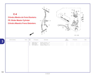 Ref. Qtd.
Item de serviço T.M.O. Nº da peça Descrição Nº de série Nota
Nº CBX250
20 93893-04012-17 Parafuso, Arruela, 4 x 12 ......................................................... 1 .................. .................. ..............................
21 94050-06000 Porca, Flange , 6 mm .............................................................. 1 .................. .................. ..............................
22 95701-06022-07 Parafuso, Flange, 6 x 22.......................................................... 2 .................. .................. ..............................
108
01.05.01
3
C-4
Cilindro Mestre do Freio Dianteiro
FR. Brake Master Cylinder
Cilindro Maestro Freno Delantero
 