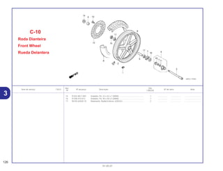 Ref. Qtd.
Item de serviço T.M.O. Nº da peça Descrição Nº de série Nota
Nº CBX250
15 91252-MC7-003 Vedador, Pó, 22 x 42 x 7 (ARAI) ............................................. 1 .................. .................. ..............................
16 91258-410-013 Vedador, Pó, 40 x 50 x 5 (ARAI) ............................................. 1 .................. .................. ..............................
17 96150-63020-10 Rolamento, Radial Esferas, 6302UU ....................................... 2 .................. .................. ..............................
C-10
Roda Dianteira
Front Wheel
Rueda Delantera
126
01.05.01
3
 