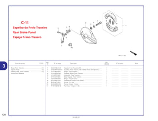 Ref. Qtd.
Item de serviço T.M.O. Nº da peça Descrição Nº de série Nota
Nº CBX250
1 06430-GBJ-K20 Sapata, Freio Traseiro (JB)...................................................... 1 .................. .................. ..............................
2 43100-KPF-900ZA Espelho, Freio Traseiro *NH-109MS* Prata Shot Metálico ...... 1 .................. .................. ..............................
3 43141-KPF-900 Braço, Freio Traseiro ............................................................... 1 .................. .................. ..............................
4 43142-KAS-890 Assento, Braço Freio Traseiro ................................................. 1 .................. .................. ..............................
5 43145-399-000 Indicador, Freio Traseiro ......................................................... 1 .................. .................. ..............................
6 43151-329-000 Mola Sapata, Freio Traseiro .................................................... 2 .................. .................. ..............................
7 43410-KPF-900 Braço, Freio Traseiro ............................................................... 1 .................. .................. ..............................
8 45134-KB7-005 Vedador Pó, Braço Freio (NOK).............................................. 2 .................. .................. ..............................
9 90301-473-003 Porca, U, 6 mm........................................................................ 1 .................. .................. ..............................
10 90305-ME5-003 Porca, Flange , 16 mm ............................................................ 1 .................. .................. ..............................
11 95701-06038-00 Parafuso, Flange, 6 x 38.......................................................... 1 .................. .................. ..............................
128
01.05.01
Braço Freio Traseiro ..............................................0,1
Sapata, Freio .........................................................0,5
Painel Comp., Freio Traseiro .................................0,6
(Inclui Peça Relativa)
3
C-11
Espelho do Freio Traseiro
Rear Brake Panel
Espejo Freno Trasero
 