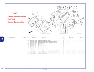 Ref. Qtd.
Item de serviço T.M.O. Nº da peça Descrição Nº de série Nota
Nº CBX250
18 64310-KPF-900ZA Protetor Esquerdo *NH-1* Preto.............................................. 1 .................. .................. ..............................
64310-KPF-900ZB Protetor Esquerdo *PB-314P* Azul Twister Metalico............... 1 .................. .................. ..............................
64310-KPF-900ZC Protetor Esquerdo *R-214C* Vermelho Brava Candy ............. 1 .................. .................. ..............................
19 64321-KPF-900 Placa Interna, Ar...................................................................... 1 .................. .................. ..............................
20 80101-KB7-600 Bucha, 8 x 12 .......................................................................... 1 .................. .................. ..............................
21 90380-MB1-000 Parafuso Especial, 6 x 8.......................................................... 4 .................. .................. ..............................
22 90650-KV6-003 Presilha, Fiação ....................................................................... 1 .................. .................. ..............................
23 91305-443-740 Anel, Vedação ......................................................................... 1 .................. .................. ..............................
24 93903-24320 Parafuso, Fixação, 4 x 12 ........................................................ 2 .................. .................. ..............................
25 94050-06000 Porca, Flange , 6 mm .............................................................. 4 .................. .................. ..............................
26 95001-55185-40 Tubo, Combustível, 5,3 x 185 (95001-55001-60M)................. 1 .................. .................. ..............................
27 95002-02100 Presilha, Tubo (B10)................................................................ 2 .................. .................. ..............................
28 95701-08025-00 Parafuso, Flange, 8 x 25.......................................................... 1 .................. .................. ..............................
C-13
Tanque de Combustível
Fuel Tank
Tanque Combustíble
134
01.05.01
3
 