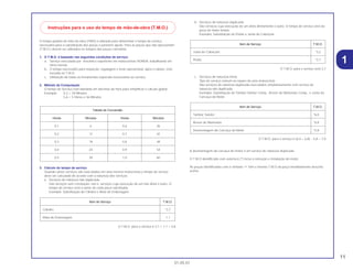 11
01.05.01
1
O tempo padrão de mão-de-obra (TMO) é utilizado para determinar o tempo de serviço
necessário para a substituição das peças e posterior ajuste. Para as peças que não apresentam
(T.M.O.) devem ser utilizados os tempos das peças correlatas.
1. O T.M.O. é baseado nas seguintes condições de serviço:
a. Serviço executado por mecânico experiente em motocicletas HONDA, trabalhando em
ritmo normal.
b. O tempo necessário para inspeção, regulagem e teste operacional, após o reparo, está
incluido no T.M.O.
c. Utilização de todas as ferramentas especiais necessárias ao serviço.
2. Método de Computação
O tempo de Serviço está tabelado em décimos de hora para simplificar o cálculo global.
Exemplo: 0,3 = 18 Minutos
5,6 = 5 Horas e 36 Minutos
3. Cálculo do tempo de serviço
Quando vários serviços são executados em uma mesma motocicleta,o tempo de serviço
deve ser calculado de acordo com a natureza dos serviços
a. Serviços de natureza não duplicada
São serviços sem correlação, isto é, serviços cuja execução de um não afeta o outro .O
tempo de serviço será a soma de cada peça substituida.
Exemplo: Substituição do Cilindro e Mola de Embreagem
O T.M.O. para o serviço é 3,7 + 1,1 = 4,8
b. Serviços de natureza duplicada
São serviços cuja execução de um afeta diretamente o outro. O tempo de serviço será da
peça de maior tempo.
Exemplo: Substituição do Pistão e Junta do Cabeçote
O T.M.O. para o serviço será 3,7
c. Serviços de natureza mista
Tipo de serviço comum no reparo de uma motocicleta
São serviços de natureza duplicada executados simultaneamente com serviço de
natureza não duplicada.
Exemplo: Substituição do Tambor Seletor Comp., Árvore de Manivelas Comp., e Junta da
Carcaça do Motor.
O T.M.O. para o serviço é (6,0 + 6,8) – 5,8 = 7,0
A desmontagem da carcaça do motor é um serviço de natureza duplicada.
O T.M.O identificado com asterisco (*) inclui a remoção e instalação do motor.
As peças identificadas com o símbolo “•” têm o mesmo T.M.O da peça imediatamente descrita
acima.
Item de Serviço T.M.O.
Tambor Seletor *6,0
Árvore de Manivelas *6,8
Desmontagem da Carcaça do Motor *5,8
Item de Serviço T.M.O.
Junta do Cabeçote *3,2
Pistão *3,7
Item de Serviço T.M.O.
Cilindro *3,7
Mola de Embreagem 1,1
Tabela de Conversão
Horas Minutos Horas Minutos
0,1 6 0,6 36
0,2 12 0,7 42
0,3 18 0,8 48
0,4 24 0,9 54
0,5 30 1,0 60
Instruções para o uso do tempo de mão-de-obra (T.M.O.)
 