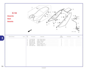 Ref. Qtd.
Item de serviço T.M.O. Nº da peça Descrição Nº de série Nota
Nº CBX250
15 77315-KPF-900 Coxim, Tampa Traseira ........................................................... 2 .................. .................. ..............................
16 83551-300-000 Coxim, Tampa Filtro Ar............................................................ 2 .................. .................. ..............................
17 90101-087-720 Parafuso, Fixação.................................................................... 2 .................. .................. ..............................
18 90105-KPF-900 Parafuso, 6 x 20....................................................................... 2 .................. .................. ..............................
19 90320-GC3-000 Porca, Presilha, 5 mm ............................................................. 4 .................. .................. ..............................
20 93903-24320 Parafuso, Fixação, 4 x 12 ........................................................ 4 .................. .................. ..............................
21 95701-06012-00 Parafuso, Flange, 6 x 12.......................................................... 2 .................. .................. ..............................
C-14
Assento
Seat
Asiento
138
01.05.01
3
 