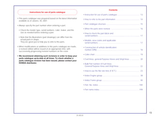 13
01.05.01
• This parts catalogue was prepared based on the latest information
available as of Janeiro, 30, 2001.
• Always specify the part number when ordering a part.
• Check the model, type, serial numbers, color, maker, and the
size as needed before ordering a part.
• Note that the illustrations (part drawings) can differ from the
actual parts in shape.
They are given just to help you to refer to the parts.
• When modifications or additions to this parts catalogue are made,
a revised edition will be issued at an appropriate time, with
successively progressing revision numbers on the cover.
• We recommend obtaining such revisions in order to keep your
parts catalogue up-to-date at all times. To check whether a
parts catalogue revision has been issued, please contact your
HONDA distributor.
Contents
• Instruction for use of parts catalogue......................................... 13
• How to refer to the part information ............................................ 14
• Part catalogue structure ............................................................. 15
• When the parts were revised...................................................... 16
• How to check the part block and
serial numbers............................................................................ 17
• Models, area codes and applicable
serial numbers ............................................................................ 17
• Construction of vehicle identification
number (VIN) .............................................................................. 18
• Color chart .................................................................................. 19
• Fuel Hose, general Purpose Hoses and Vinyl Hose................... 20
• Bulk Part number of Fuel Hose,
General Purpose Hose and Vinyl Hose ...................................... 22
• How to use the flat rate time (F.R.T.) .......................................... 23
• Index Engine group .................................................................... 38
• Index Frame group..................................................................... 40
• Part. No. index ............................................................................184
• Part name index..........................................................................199
Instructions for use of parts catalogue
 