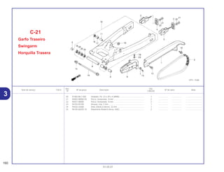 Ref. Qtd.
Item de serviço T.M.O. Nº da peça Descrição Nº de série Nota
Nº CBX250
20 91283-ML7-003 Vedador, Pó, 22 x 29 x 4 (ARAI) ............................................. 1 .................. .................. ..............................
21 94002-08000-0S Porca, Sextavada., 8 mm ........................................................ 2 .................. .................. ..............................
22 94031-08000 Porca, Sextavada., 8 mm ........................................................ 2 .................. .................. ..............................
23 94103-05700 Arruela, Lisa, 5 mm ................................................................. 1 .................. .................. ..............................
24 94520-32000 Anel, Elástico Interno, 32 mm.................................................. 1 .................. .................. ..............................
25 96100-60020-10 Rolamento Radial Esferas, 6002 ............................................. 2 .................. .................. ..............................
C-21
Garfo Traseiro
Swingarm
Horquilla Trasera
160
01.05.01
3
 