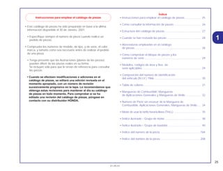 25
01.05.01
1
• Este catálogo de piezas ha sido preparado en base a la última
información disponible el 30 de Janeiro, 2001.
• Especifique siempre el número de pieza cuando realice un
pedido de piezas.
• Compruebe los números de modelo, de tipo, y de serie, el color,
marca, y tamaño como sea necesario antes de realizar el pedido
de una pieza.
• Tenga presente que las ilustraciones (planos de las piezas)
pueden diferir de las piezas reales en su forma.
Se incluyen sólo para que le sirvan de referencia para consultar
las piezas.
• Cuando se efectúen modificaciones o adiciones en el
catálogo de piezas, se editará una edición revisada en el
momento apropiado, con un número de revisión
sucesivamente progresivo en la tapa. Le recomendamos que
obtenga estas revisiones para mantener al día su catálogo
de piezas en todo momento. Para comprobar si se ha
editado una revisión del catálogo de piezas, póngase en
contacto con su distribuidor HONDA.
Índice
• Instrucciones para emplear el catálogo de piezas .................... 25
• Cómo consultar la información de piezas .................................. 26
• Estructura del catálogo de piezas.............................................. 27
• Cuando se han revisado las piezas ........................................... 28
• Abreviaturas empleadas en el catálogo
de piezas .................................................................................... 28
• Cómo comprobar el bloque de piezas y los
números de serie........................................................................ 29
• Modelos, códigos de área y Nos. de
serie aplicables .......................................................................... 29
• Composición del número de identificación
del vehículo (N.I.V.) 1966 ........................................................... 30
• Tabla de colores......................................................................... 31
• Mangueras de Combustible, Mangueras
de Aplicaciones Generales y Mangueras de Vínilo ................... 32
• Número de Parte sin envasar de la Manguera de
Combustible, Aplicaciones Generales, Mangueras de Vinilo .... 34
• Modo de usar la tarifa horaria llana (THLL) .................................. 35
• Índice ilustrado – Grupo de motor.............................................. 38
• Índice ilustrado – Grupo de bastidor.......................................... 40
• Índice del número de la pieza....................................................184
• Índice del nombre de la pieza....................................................208
Instrucciones para emplear el catálogo de piezas
 