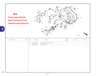Ref. Qtd.
Item de serviço T.M.O. Nº da peça Descrição Nº de série Nota
Nº CBX250
20 91302-KF0-003 Anel, Vedação, 54 x 2,4 (ARAI)............................................... 1 .................. .................. ..............................
21 91307-HM5-630 Anel, Vedação, 18 x 3 ............................................................. 1 .................. .................. ..............................
22 94301-08140 Pino, Guia, 8 x 14 .................................................................... 2 .................. .................. ..............................
M-6
Tampa Lateral Direita
Right Crankcase Cover
Cubierta Lateral Derecha
64
01.05.01
2
 