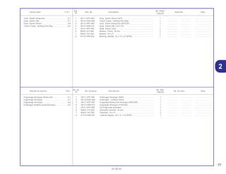 77
01.05.01
No. de No. Rdo.
Articulo de servicio THLL No. de pieza Descripción No. de serie Nota
Nº CBX250
1 28111-KPF-900 Embrague Arranque (60D)...................................................... 1 .................. .................. ..............................
2 28125-KW3-006 Embrague , Unidireccional...................................................... 1 .................. .................. ..............................
3 28131-KPF-900 Engranaje Reducción Arranque (69D/20D) ............................ 1 .................. .................. ..............................
4 28141-KR0-010 Engranaje Arranque (12D/12D)............................................... 1 .................. .................. ..............................
5 28151-KPF-900 Eje Engranaje Arranque .......................................................... 1 .................. .................. ..............................
6 90407-415-000 Arandella Sencilla, 26 mm....................................................... 2 .................. .................. ..............................
7 90452-187-000 Arandela, 10 x 21 .................................................................... 2 .................. .................. ..............................
8 91102-KR0-003 Cojinete Agujas, 26 x 31 x 24 (NTN) ....................................... 1 .................. .................. ..............................
Engrenage Arranque Reducción...........................0,2
Engrenage Arranque.............................................0,7
Engrenage Arranque.............................................0,8
Embrague Unidireccional Arranque......................0,9
Ref. No. Reqd.
Service item F.R.T. Part. No. Description Serial No. Note
Nº CBX250
1 28111-KPF-900 Gear, Starter Driven (60T) ....................................................... 1 .................. .................. ..............................
2 28125-KW3-006 Clutch Comp., Starting One Way ............................................ 1 .................. .................. ..............................
3 28131-KPF-900 Gear, Starter Reduction (69T/20T) .......................................... 1 .................. .................. ..............................
4 28141-KR0-010 Gear, Starter Idle (12T/12T)..................................................... 1 .................. .................. ..............................
5 28151-KPF-900 Shaft, Starter Gear................................................................... 1 .................. .................. ..............................
6 90407-415-000 Washer, Thrust, 26 mm ........................................................... 2 .................. .................. ..............................
7 90452-187-000 Washer, 10 x 21....................................................................... 2 .................. .................. ..............................
8 91102-KR0-003 Bearing, Needle, 26 x 31 x 24 (NTN) ...................................... 1 .................. .................. ..............................
Gear, Starter Reduction.........................................0.2
Gear, Starter Idle ...................................................0.7
Gear, Starter Driven...............................................0.8
Clutch Comp., Starting One Way ..........................0.9
2
 