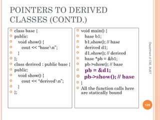 POINTERS TO DERIVED
CLASSES (CONTD.)
DepartmentofCSE,BUET
120
 class base {
 public:
 void show() {
 cout << “basen”;
 }
 };
 class derived : public base {
 public:
 void show() {
 cout << “derivedn”;
 }
 };
 void main() {
 base b1;
 b1.show(); // base
 derived d1;
 d1.show(); // derived
 base *pb = &b1;
 pb->show(); // base
 pb = &d1;
 pb->show(); // base
 }
 All the function calls here
are statically bound
 