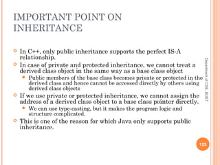 IMPORTANT POINT ON
INHERITANCE
 In C++, only public inheritance supports the perfect IS-A
relationship.
 In case of private and protected inheritance, we cannot treat a
derived class object in the same way as a base class object
 Public members of the base class becomes private or protected in the
derived class and hence cannot be accessed directly by others using
derived class objects
 If we use private or protected inheritance, we cannot assign the
address of a derived class object to a base class pointer directly.
 We can use type-casting, but it makes the program logic and
structure complicated.
 This is one of the reason for which Java only supports public
inheritance.
125
DepartmentofCSE,BUET
 