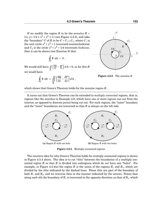 4.3 Green’s Theorem 153
x
y
0
C1
C2
1
1
1/2
1/2
R
Figure 4.3.3 The annulus R
If we modify the region R to be the annulus R =
{(x, y) : 1/4 ≤ x2
+ y2
≤ 1} (see Figure 4.3.3), and take
the “boundary” C of R to be C = C1 ∪ C2, where C1 is
the unit circle x2
+ y2
= 1 traversed counterclockwise
and C2 is the circle x2
+ y2
= 1/4 traversed clockwise,
then it can be shown (see Exercise 8) that
C
f··· dr = 0 .
We would still have
R
∂Q
∂x − ∂P
∂y dA = 0, so for this R
we would have
C
f··· dr =
R
∂Q
∂x
−
∂P
∂y
dA ,
which shows that Green’s Theorem holds for the annular region R.
It turns out that Green’s Theorem can be extended to multiply connected regions, that is,
regions like the annulus in Example 4.8, which have one or more regions cut out from the
interior, as opposed to discrete points being cut out. For such regions, the “outer” boundary
and the “inner” boundaries are traversed so that R is always on the left side.
C1
C2
R1
R2
(a) Region R with one hole
C1
C2C3
R1
R2
(b) Region R with two holes
Figure 4.3.4 Multiply connected regions
The intuitive idea for why Green’s Theorem holds for multiply connected regions is shown
in Figure 4.3.4 above. The idea is to cut “slits” between the boundaries of a multiply con-
nected region R so that R is divided into subregions which do not have any “holes”. For
example, in Figure 4.3.4(a) the region R is the union of the regions R1 and R2, which are
divided by the slits indicated by the dashed lines. Those slits are part of the boundary of
both R1 and R2, and we traverse then in the manner indicated by the arrows. Notice that
along each slit the boundary of R1 is traversed in the opposite direction as that of R2, which
 