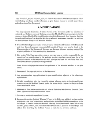 204 GNU Free Documentation License
It is requested, but not required, that you contact the authors of the Document well before
redistributing any large number of copies, to give them a chance to provide you with an
updated version of the Document.
4. MODIFICATIONS
You may copy and distribute a Modiﬁed Version of the Document under the conditions of
sections 2 and 3 above, provided that you release the Modiﬁed Version under precisely this
License, with the Modiﬁed Version ﬁlling the role of the Document, thus licensing distribu-
tion and modiﬁcation of the Modiﬁed Version to whoever possesses a copy of it. In addition,
you must do these things in the Modiﬁed Version:
A. Use in the Title Page (and on the covers, if any) a title distinct from that of the Document,
and from those of previous versions (which should, if there were any, be listed in the
History section of the Document). You may use the same title as a previous version if the
original publisher of that version gives permission.
B. List on the Title Page, as authors, one or more persons or entities responsible for au-
thorship of the modiﬁcations in the Modiﬁed Version, together with at least ﬁve of the
principal authors of the Document (all of its principal authors, if it has fewer than ﬁve),
unless they release you from this requirement.
C. State on the Title page the name of the publisher of the Modiﬁed Version, as the pub-
lisher.
D. Preserve all the copyright notices of the Document.
E. Add an appropriate copyright notice for your modiﬁcations adjacent to the other copy-
right notices.
F. Include, immediately after the copyright notices, a license notice giving the public per-
mission to use the Modiﬁed Version under the terms of this License, in the form shown
in the Addendum below.
G. Preserve in that license notice the full lists of Invariant Sections and required Cover
Texts given in the Document’s license notice.
H. Include an unaltered copy of this License.
I. Preserve the section Entitled "History", Preserve its Title, and add to it an item stating
at least the title, year, new authors, and publisher of the Modiﬁed Version as given on the
Title Page. If there is no section Entitled "History" in the Document, create one stating
the title, year, authors, and publisher of the Document as given on its Title Page, then
add an item describing the Modiﬁed Version as stated in the previous sentence.
 