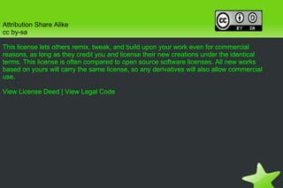 Attribution Share Alike cc by-sa This license lets others remix, tweak, and build upon your work even for commercial reasons, as long as they credit you and license their new creations under the identical terms. This license is often compared to open source software licenses. All new works based on yours will carry the same license, so any derivatives will also allow commercial use. View License Deed  |  View Legal Code 