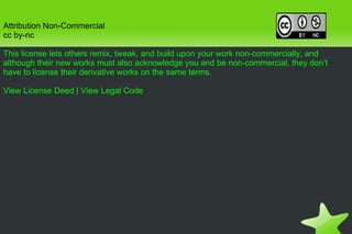 Attribution Non-Commercial cc by-nc This license lets others remix, tweak, and build upon your work non-commercially, and although their new works must also acknowledge you and be non-commercial, they don’t have to license their derivative works on the same terms. View License Deed  |  View Legal Code 