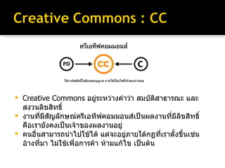 Creative Commons  อยู่ระหว่างคำว่า สมบัติสาธารณะ และ สงวนลิขสิทธิ์ งานที่มีสัญลักษณ์ครีเอทีฟคอมมอนส์เป็นผลงานที่มีลิขสิทธิ์ คือเรายังคงเป็นเจ้าของผลงานอยู่ คนอื่นสามารถนำไปใช้ได้ แต่จะอยู่ภายใต้กฏที่เราตั้งขึ้นเช่น อ้างที่มา ไม่ใช้เพื่อการค้า ห้ามแก้ไข เป็นต้น 