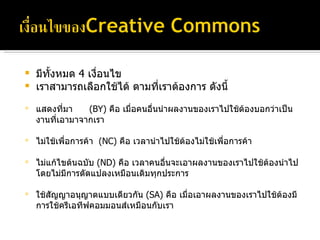 มีทั้งหมด  4   เงื่อนไข เราสามารถเลือกใช้ได้ ตามที่เราต้องการ ดังนี้ แสดงที่มา  (BY)  คือ เมื่อคนอื่นนำผลงานของเราไปใช้ต้องบอกว่าเป็นงานที่เอามาจากเรา ไม่ใช้เพื่อการค้า  (NC)  คือ เวลานำไปใช้ต้องไม่ใช้เพื่อการค้า ไม่แก้ไขต้นฉบับ  (ND)  คือ เวลาคนอื่นจะเอาผลงานของเราไปใช้ต้องนำไปโดยไม่มีการดัดแปลงเหมือนเดิมทุกประการ ใช้สัญญาอนุญาตแบบเดียวกัน  (SA)  คือ เมื่อเอาผลงานของเราไปใช้ต้องมีการใช้ครีเอทีฟคอมมอนส์เหมือนกับเรา 