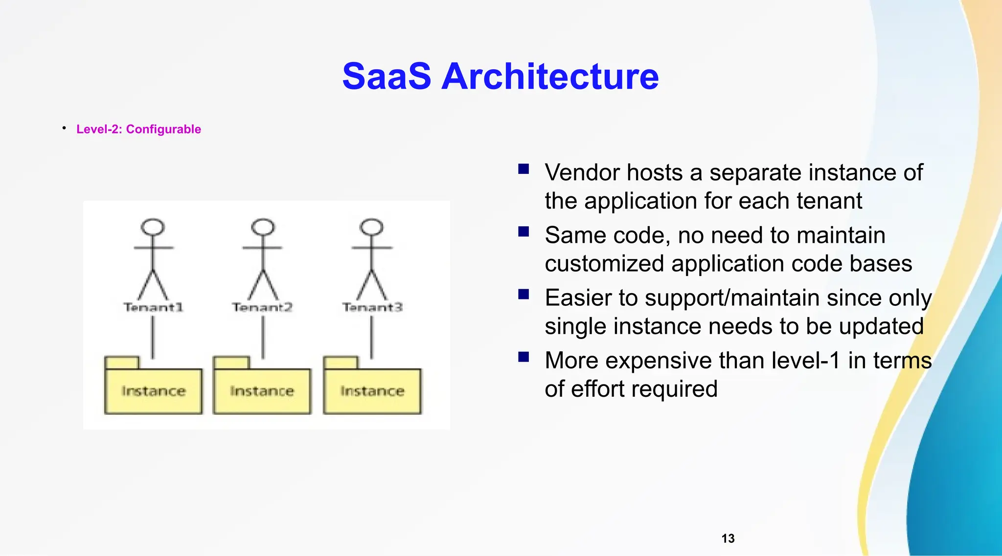 13

Level-2: Configurable
SaaS Architecture
 Vendor hosts a separate instance of
the application for each tenant
 Same code, no need to maintain
customized application code bases
 Easier to support/maintain since only
single instance needs to be updated
 More expensive than level-1 in terms
of effort required
 
