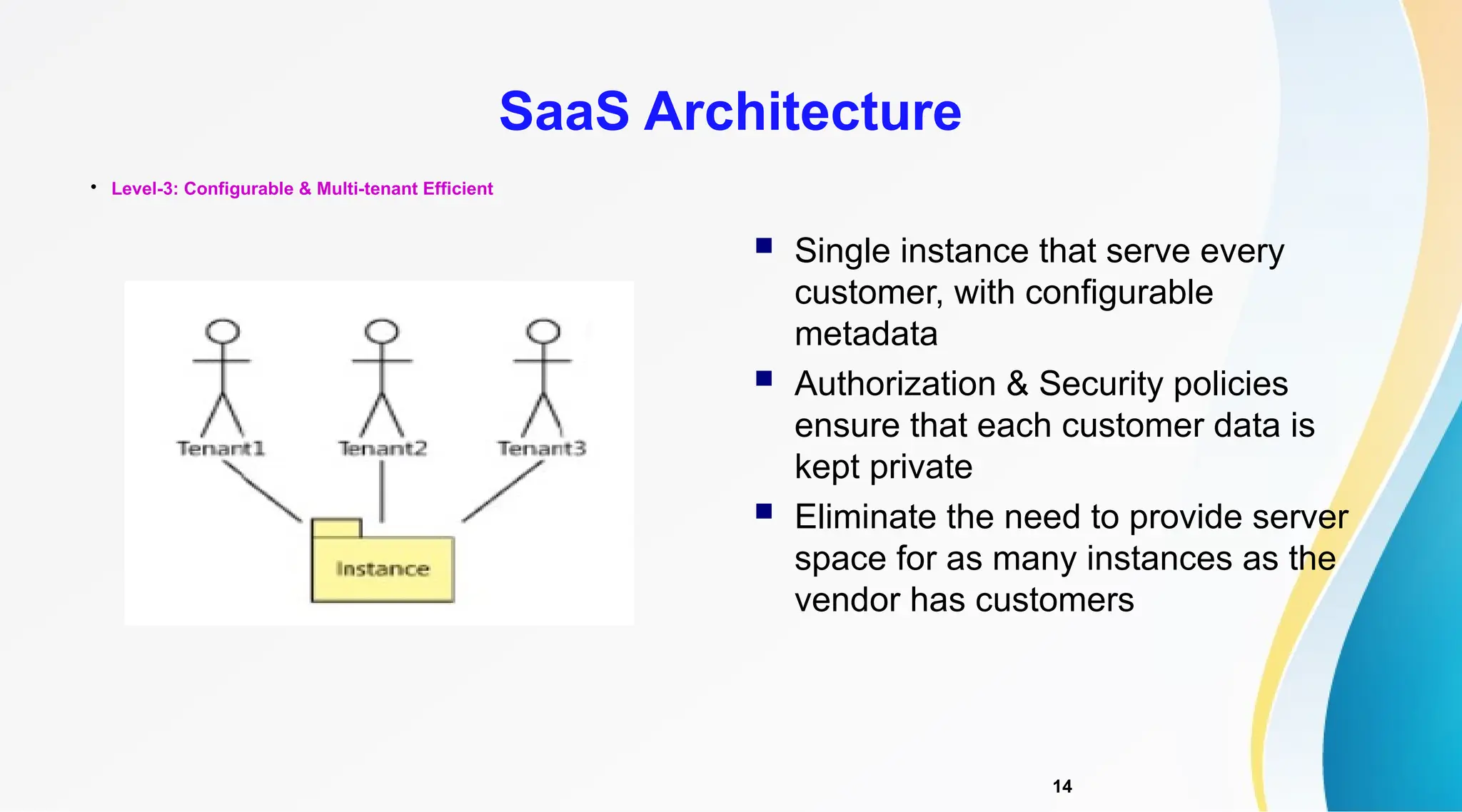 14

Level-3: Configurable & Multi-tenant Efficient
SaaS Architecture
 Single instance that serve every
customer, with configurable
metadata
 Authorization & Security policies
ensure that each customer data is
kept private
 Eliminate the need to provide server
space for as many instances as the
vendor has customers
 