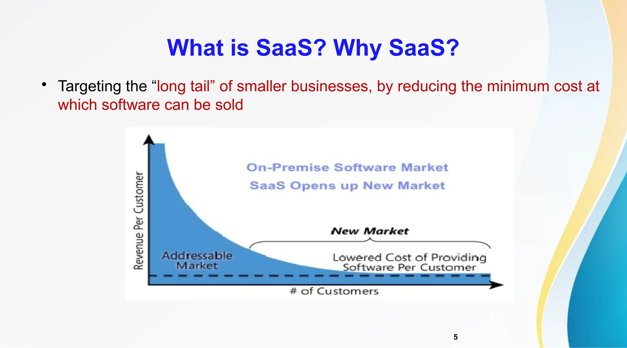 5

Targeting the “long tail” of smaller businesses, by reducing the minimum cost at
which software can be sold
What is SaaS? Why SaaS?
 