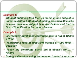 Example 1:
  Student obtaining less than 40 marks in one subject is
 under deviation & Student obtaining less than 40 marks
 in more than one subject is under Failure and that is
 Out of Specification for paper checker.
Example 2 :
 My recently purchased centrifuge sets to run at 1000 ±
  2 RPM.
 Yesterday it runs at 1030 RPM instead of 1000 RPM. –
  Deviation
 Today my centrifuge starts but it doesn’t run…. –
  Failure
 During calibration using tachometer I noted it runs on
 