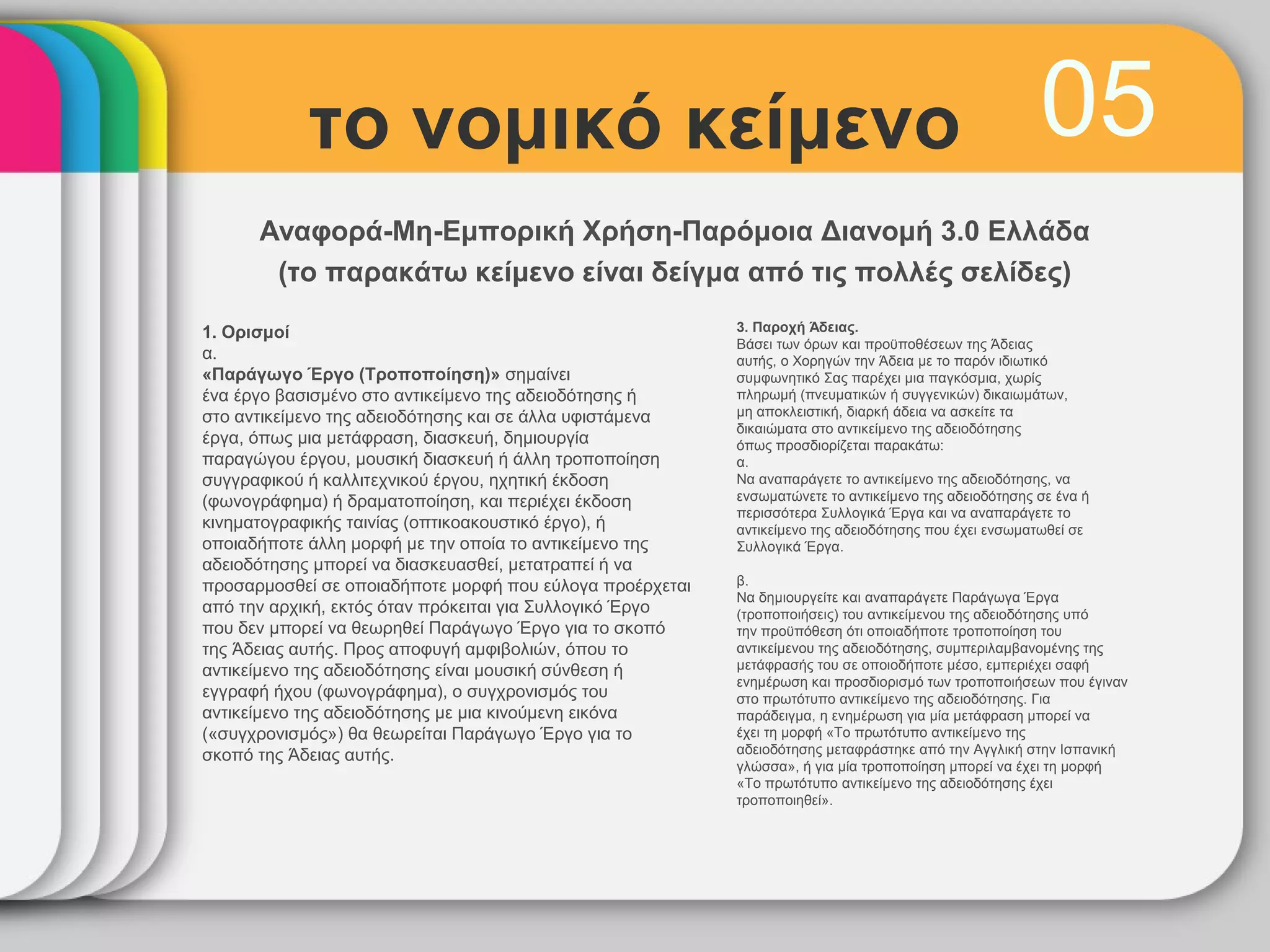 το νομικό κείμενο                                                                           05
      Αναφορά-Μη-Εμπορική Χρήση-Παρόμοια Διανομή 3.0 Ελλάδα
       (το παρακάτω κείμενο είναι δείγμα από τις πολλές σελίδες)

1. Ορισμοί                                                3. Παροχή Άδειας.
                                                          Βάσει των όρων και προϋποθέσεων της Άδειας
α.                                                        αυτής, ο Χορηγών την Άδεια με το παρόν ιδιωτικό
«Παράγωγο Έργο (Τροποποίηση)» σημαίνει                    συμφωνητικό Σας παρέχει μια παγκόσμια, χωρίς
ένα έργο βασισμένο στο αντικείμενο της αδειοδότησης ή     πληρωμή (πνευματικών ή συγγενικών) δικαιωμάτων,
στο αντικείμενο της αδειοδότησης και σε άλλα υφιστάμενα   μη αποκλειστική, διαρκή άδεια να ασκείτε τα
                                                          δικαιώματα στo αντικείμενο της αδειοδότησης
έργα, όπως μια μετάφραση, διασκευή, δημιουργία            όπως προσδιορίζεται παρακάτω:
παραγώγου έργου, μουσική διασκευή ή άλλη τροποποίηση      α.
συγγραφικού ή καλλιτεχνικού έργου, ηχητική έκδοση         Να αναπαράγετε το αντικείμενο της αδειοδότησης, να
(φωνογράφημα) ή δραματοποίηση, και περιέχει έκδοση        ενσωματώνετε το αντικείμενο της αδειοδότησης σε ένα ή
                                                          περισσότερα Συλλογικά Έργα και να αναπαράγετε το
κινηματογραφικής ταινίας (οπτικοακουστικό έργο), ή        αντικείμενο της αδειοδότησης που έχει ενσωματωθεί σε
οποιαδήποτε άλλη μορφή με την οποία το αντικείμενο της    Συλλογικά Έργα.
αδειοδότησης μπορεί να διασκευασθεί, μετατραπεί ή να
προσαρμοσθεί σε οποιαδήποτε μορφή που εύλογα προέρχεται   β.
                                                          Να δημιουργείτε και αναπαράγετε Παράγωγα Έργα
από την αρχική, εκτός όταν πρόκειται για Συλλογικό Έργο   (τροποποιήσεις) του αντικείμενου της αδειοδότησης υπό
που δεν μπορεί να θεωρηθεί Παράγωγο Έργο για το σκοπό     την προϋπόθεση ότι οποιαδήποτε τροποποίηση του
της Άδειας αυτής. Προς αποφυγή αμφιβολιών, όπου το        αντικείμενου της αδειοδότησης, συμπεριλαμβανομένης της
αντικείμενο της αδειοδότησης είναι μουσική σύνθεση ή      μετάφρασής του σε οποιοδήποτε μέσο, εμπεριέχει σαφή
                                                          ενημέρωση και προσδιορισμό των τροποποιήσεων που έγιναν
εγγραφή ήχου (φωνογράφημα), ο συγχρονισμός του            στο πρωτότυπο αντικείμενο της αδειοδότησης. Για
αντικείμενο της αδειοδότησης με μια κινούμενη εικόνα      παράδειγμα, η ενημέρωση για μία μετάφραση μπορεί να
(«συγχρονισμός») θα θεωρείται Παράγωγο Έργο για το        έχει τη μορφή «Το πρωτότυπο αντικείμενο της
σκοπό της Άδειας αυτής.                                   αδειοδότησης μεταφράστηκε από την Αγγλική στην Ισπανική
                                                          γλώσσα», ή για μία τροποποίηση μπορεί να έχει τη μορφή
                                                          «Το πρωτότυπο αντικείμενο της αδειοδότησης έχει
                                                          τροποποιηθεί».
 