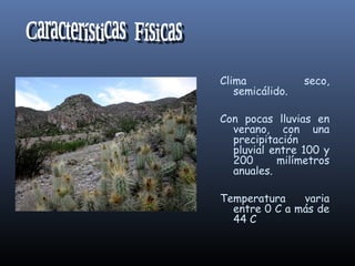 Clima
semicálido.

seco,

Con pocas lluvias en
verano, con una
precipitación
pluvial entre 100 y
200
milímetros
anuales.
Temperatura
varia
entre 0 C a más de
44 C

 