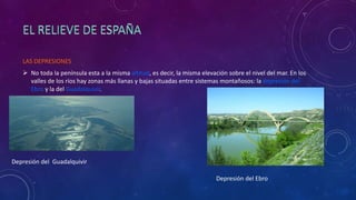 LAS DEPRESIONES
 No toda la península esta a la misma altitud, es decir, la misma elevación sobre el nivel del mar. En los
valles de los ríos hay zonas más llanas y bajas situadas entre sistemas montañosos: la depresión del
Ebro y la del Guadalquivir.
Depresión del Guadalquivir
Depresión del Ebro
 